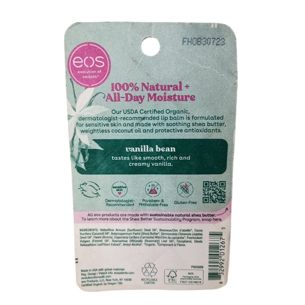 Eos 100% Natural & Organic Lip Balm Pack Of 2 Vanilla Bean 0.14oz - Picture 2 of 6